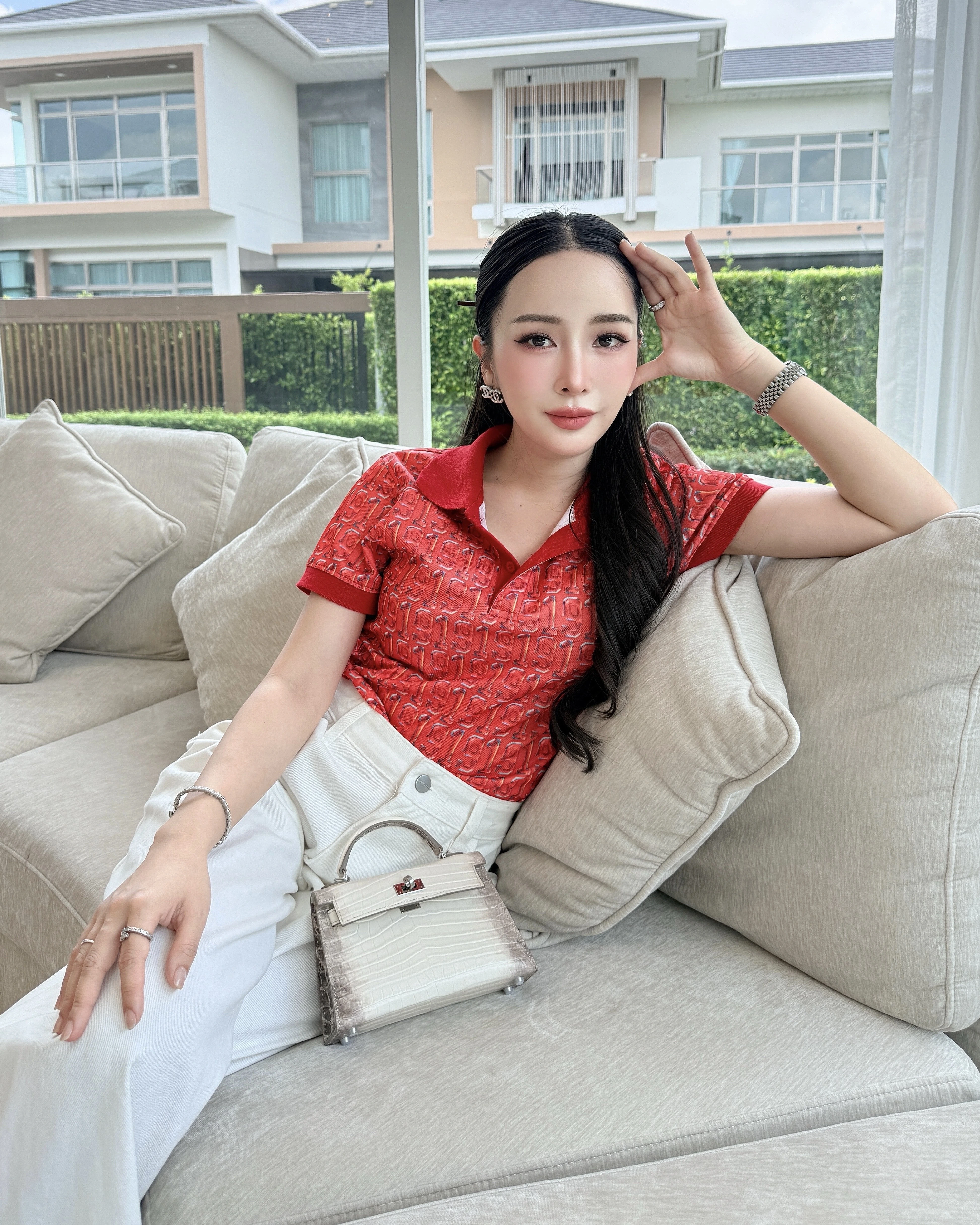 เสื้อโปโลหญิง เลข 91 - รูปใส่จริงด้านหน้า